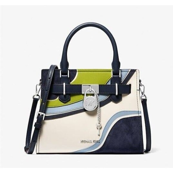 New Michael Kors Hamilton Small Two-Tone Satchel Navy Multi - Picture 1 of 3